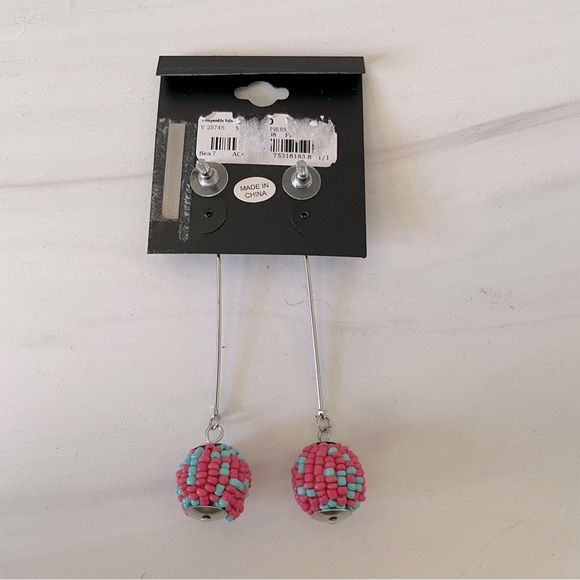 Romeo + Juliet Couture Long Earrings- Pink and Blue- Beaded- Mixed Media - Picture 2 of 3